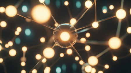 This abstract image features glowing particles connected by fine lines, representing intricate network structures in science and technology. Perfect for illustrating concepts in molecular chemistry and physics.の素材