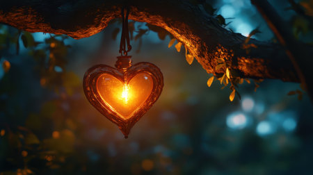 A beautiful heart-shaped lantern emits a warm glow, hanging gracefully from a tree branch. This enchanting scene creates a serene and romantic atmosphere.の素材