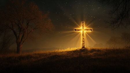 A beautifully illuminated cross shines brightly against a dark night sky filled with stars. The tranquil scene evokes feelings of faith and serenity, enhancing spiritual reflection.の素材