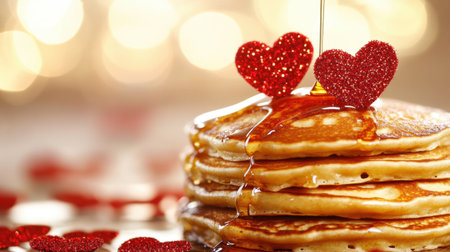 A stack of golden pancakes drizzled with syrup, featuring festive heart decorations, perfect for romantic celebrations and indulgent breakfasts.の素材