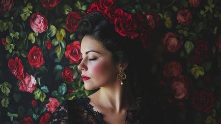 A stunning woman with roses in her hair poses gracefully against a rich floral background, showcasing beauty, elegance, and artistic expression in a captivating portrait.の素材