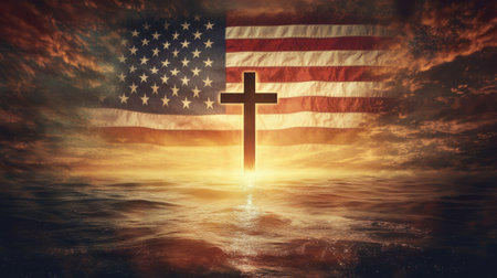 A striking silhouette of a cross emerges from a serene ocean, layered against the American flag and a breathtaking sunset sky. This image evokes themes of faith and patriotism.の素材