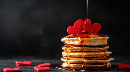 Delight in a stack of fluffy pancakes adorned with red heart decorations and a luscious syrup drizzle, perfect for celebrating love and joy at any meal.の素材