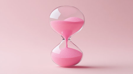 This elegant hourglass features pink sand and a soft pink background, symbolizing the passage of time and the beauty of simplicity in design.の素材