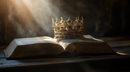 A stunning golden crown elegantly rests atop an open ancient book, illuminated by soft rays of light, creating a serene and regal atmosphere ideal for themes of royalty and wisdom.の素材