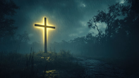 A striking illuminated cross stands tall in a dark, rainy forest, creating a serene and spiritual atmosphere. The misty surroundings enhance the mood of reflection and solitude.の素材