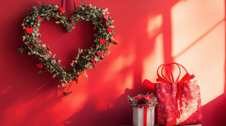 A heart-shaped wreath adorned with greenery and red accents hangs on a vibrant red wall. Nearby, beautifully wrapped gift bags create a warm, festive atmosphere perfect for celebrations.の素材