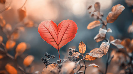 A stunning close-up of a heart-shaped red leaf, contrasting beautifully with soft autumn hues in the background. Perfect for themes of love and nature.の素材