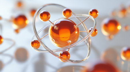 A visually striking representation of an orange atom model featuring orbiting electrons, ideal for illustrating scientific concepts in modern education and research.の素材