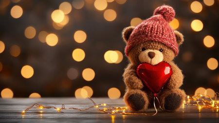 Adorable teddy bear holding a red heart sits on a wooden table, surrounded by warm decorative lights, perfect for expressing love and affection in any setting.の素材