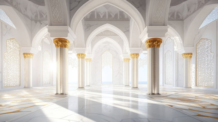 A stunning interior scene featuring grand marble columns and intricate arches. The soft sunlight streams through decorative windows, creating a serene atmosphere.の素材