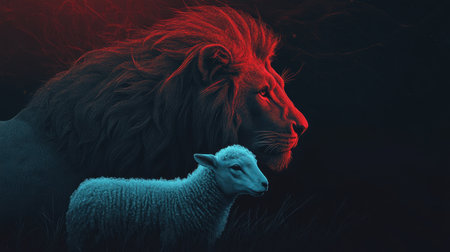 This captivating image showcases a lion and a sheep, symbolizing the duality of strength and gentleness in nature. The vibrant colors enhance the striking contrast between predator and prey, creating a thought-provoking visual narrative.の素材