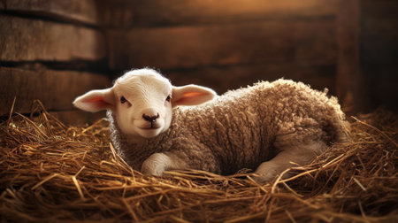 A charming baby lamb rests comfortably on a bed of hay in a rustic barn, showcasing its fluffy wool and innocent expression in a warm, serene environment.の素材