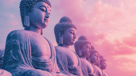 A stunning display of Buddha statues set against a vibrant sunset sky. The serene figures inspire feelings of peace and tranquility, perfect for meditation themes.の素材