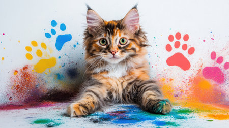 A charming Maine Coon cat with striking fur sits against a vibrant backdrop of colorful paint splashes, showcasing its playful nature and artistic vibe.の素材