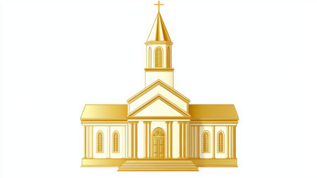 This elegant illustration showcases a golden church building featuring a prominent cross atop its steeple, highlighting architectural beauty and religious significance.の素材