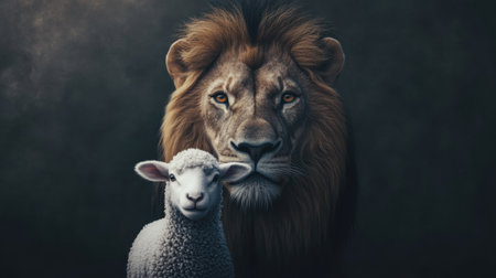 A captivating image showcasing the striking features of a lion beside a sheep, symbolizing the complex relationship between strength and gentleness in nature.の素材