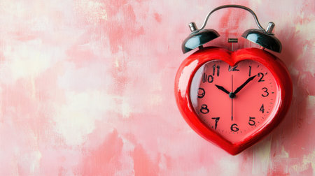 A charming heart-shaped red alarm clock sits against a soft pink background, symbolizing love and warmth. Perfect for romantic themes and decor.の素材