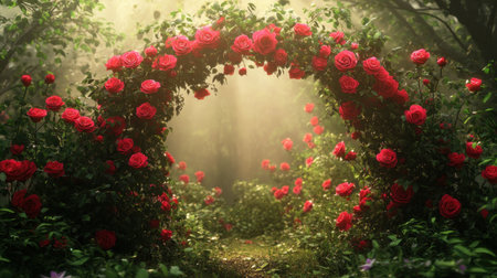 A serene garden archway adorned with vibrant red roses invites visitors into a mystical and enchanting atmosphere filled with beauty and tranquility.の素材