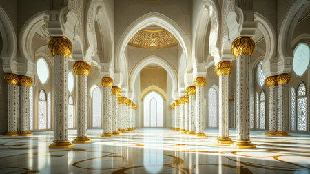 Explore a breathtaking mosque interior showcasing intricate columns, stunning light patterns, and ornate details, creating a captivating atmosphere of spirituality and elegance.の素材