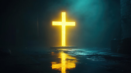 A glowing cross stands in a dark, misty setting, creating an ethereal atmosphere. The reflection on the ground enhances the mystical and serene vibe.の素材