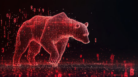 This striking image features a digital bear rendered in red binary code against a dark background, symbolizing the fusion of nature and technology in modern design.の素材
