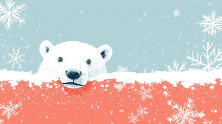 Adorable polar bear peeks over a snowy landscape, surrounded by gentle snowfall and delicate snowflakes, capturing a serene winter scene filled with charm.の素材