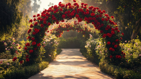 Explore a tranquil rose garden pathway adorned with blooming arches of vibrant red roses, creating a picturesque and romantic atmosphere in nature.の素材