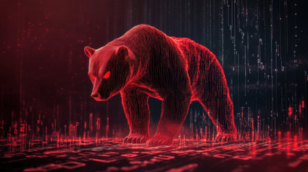 A striking digital representation of a bear in red, set against a backdrop of flowing matrix-like data. This artwork blends nature with modern technology, symbolizing strength and innovation.の素材