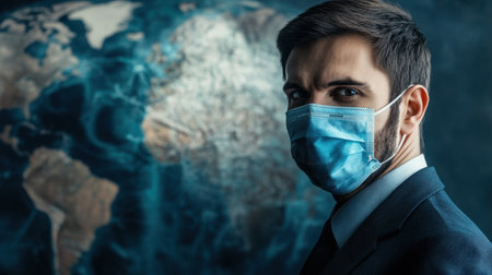 A serious businessman wearing a protective mask stands in front of a global map, reflecting concern and awareness about health and safety in the modern world.の素材
