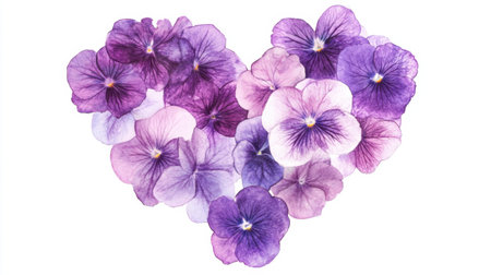 A stunning heart-shaped arrangement of purple and lavender pansy flowers, showcasing delicate petals and vibrant colors, perfect for romantic and decorative use.の素材