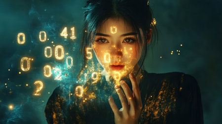 A captivating portrait of a woman enveloped in glowing numbers, blending beauty and technology in a dreamlike atmosphere. The ethereal colors and creative visuals evoke a sense of mystery and intrigue.の素材