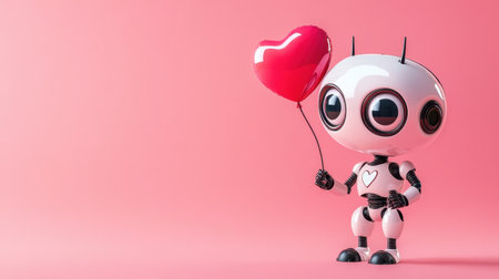 A charming robot character holds a heart-shaped balloon against a vibrant pink background, symbolizing love and affection in a playful and whimsical design.の素材