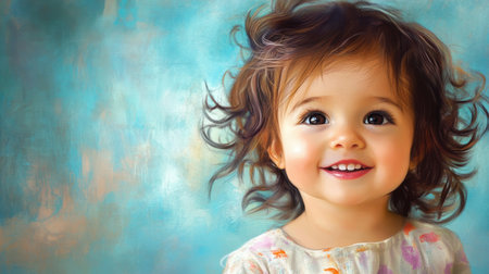 A charming portrait of a cheerful toddler with curly hair smiling joyfully. The vibrant blue background enhances the child engaging expression and innocence.の素材