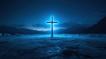 A striking illuminated cross glows against a serene night landscape, surrounded by mountains and a starry sky. This scene evokes feelings of peace and spirituality.の素材