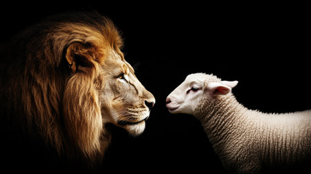 A striking portrait of a lion and a sheep face-to-face, showcasing their unique expressions in a dramatic black background. This image evokes themes of coexistence and the contrast between strength and innocence.の素材