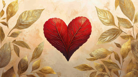 A stunning heart-shaped leaf design surrounded by golden leaves on a textured background, representing love and elegance in a creative artistic way. Perfect for romantic themes.の素材