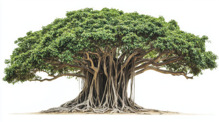 A splendid banyan tree showcasing a broad canopy and intricate aerial roots. This vibrant natural scene conveys a sense of tranquility and beauty in nature.の素材