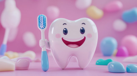 Adorable cartoon tooth character holding a toothbrush, set against a pink background. Perfect for dental hygiene themes, children's education, and health promotions.の素材