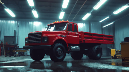 A vibrant red vintage truck parked inside a well-lit garage, surrounded by tools and equipment. The image captures the essence of automotive craftsmanship and warehouse pride.の素材