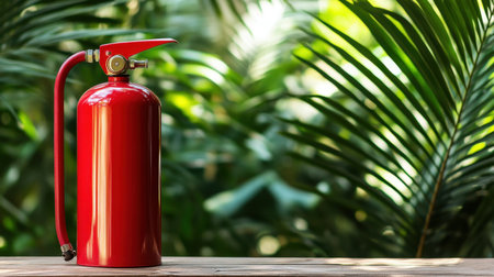 A bright red fire extinguisher stands on a wooden table amidst lush green foliage, emphasizing the importance of safety and emergency preparedness in any environment.の素材