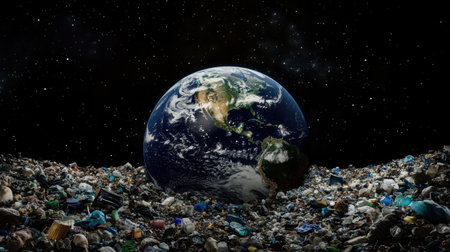 A stark representation of Earth engulfed by an overwhelming amount of trash, illustrating the urgent need for environmental awareness and responsibility in a cosmic setting.の素材