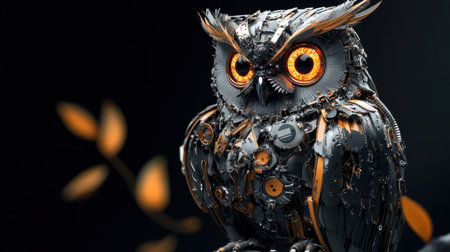 This stunning mechanical owl sculpture combines intricate metal parts with vibrant orange accents, showcasing a fusion of nature and technology in stunning artistry.の素材