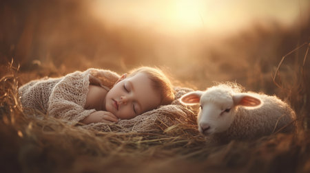 A serene scene of a peaceful baby sleeping beside a gentle sheep in a sunlit meadow. The tranquil setting evokes feelings of warmth and innocence.の素材