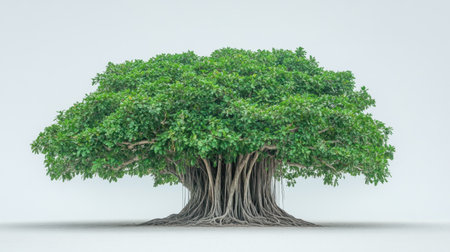 A majestic tropical tree featuring dense green foliage and exposed roots, creating a serene atmosphere. Ideal for nature-inspired projects and designs.の素材