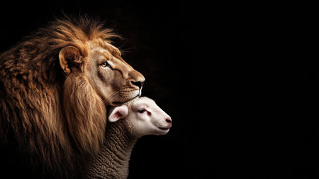 This stunning image captures the powerful contrast between a lion and a sheep, symbolizing strength and innocence. The dark background enhances their features, creating a striking visual impact.の素材