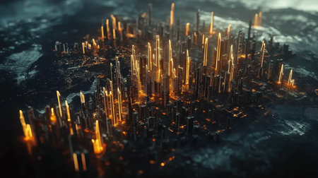 A stunning aerial view of a futuristic cityscape illuminated by glowing skyscrapers. The vibrant lights create a captivating atmosphere, showcasing modern urban life.の素材