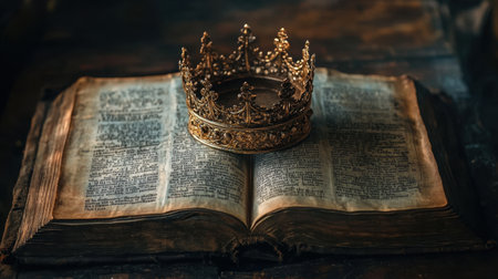 An exquisite golden crown rests atop an ancient open book, showcasing the harmony of royalty and knowledge. The warm tones and rich textures create a captivating still-life composition.の素材
