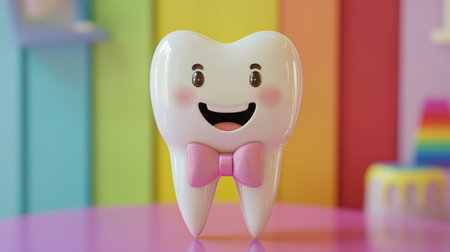 Adorable cartoon tooth character with a bow tie features a happy smile. Perfect for dental education or children's health promotion. Bright and colorful design.の素材