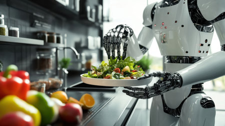 A futuristic robot chef skillfully prepares a fresh salad in a modern kitchen, blending technology and culinary art. The scene showcases vibrant ingredients, emphasizing healthy eating and innovation.の素材